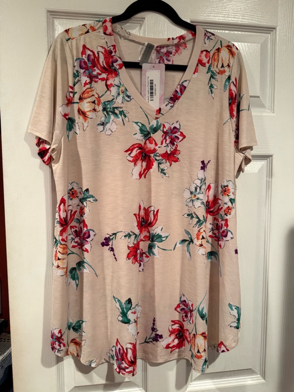 Honeyme Beige Floral V-Neck Tunic with Red & Green Accents
